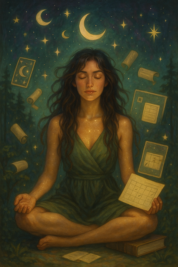 Ilustración del universo de Portal Álmico: una mujer en meditación rodeada de estrellas y símbolos